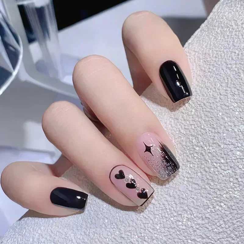 24pcs Black Short Ballet False Nails with Jelly Glue French Design Detachable Fake Nails Art Heart Full Cover Press on Nails TipW250120