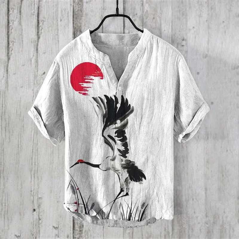 2024 New 100% Linen Shirt HD Pattern Plus Size Crane Fish Landscape Painting Shirt Hawaiian Mens Linen V-neck Mens T-shirtXJ250121
