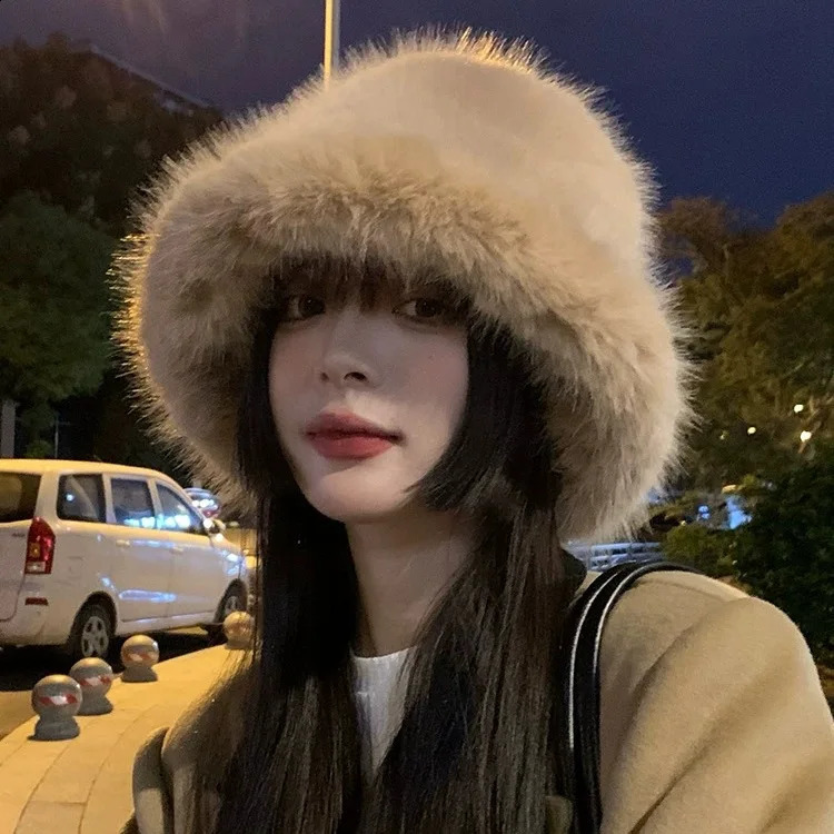 y2k fluffy faux fur bucket hat for women rabbit fur warm and thick plush winter hat for women and fashionable party Panama fisherman hat 250109