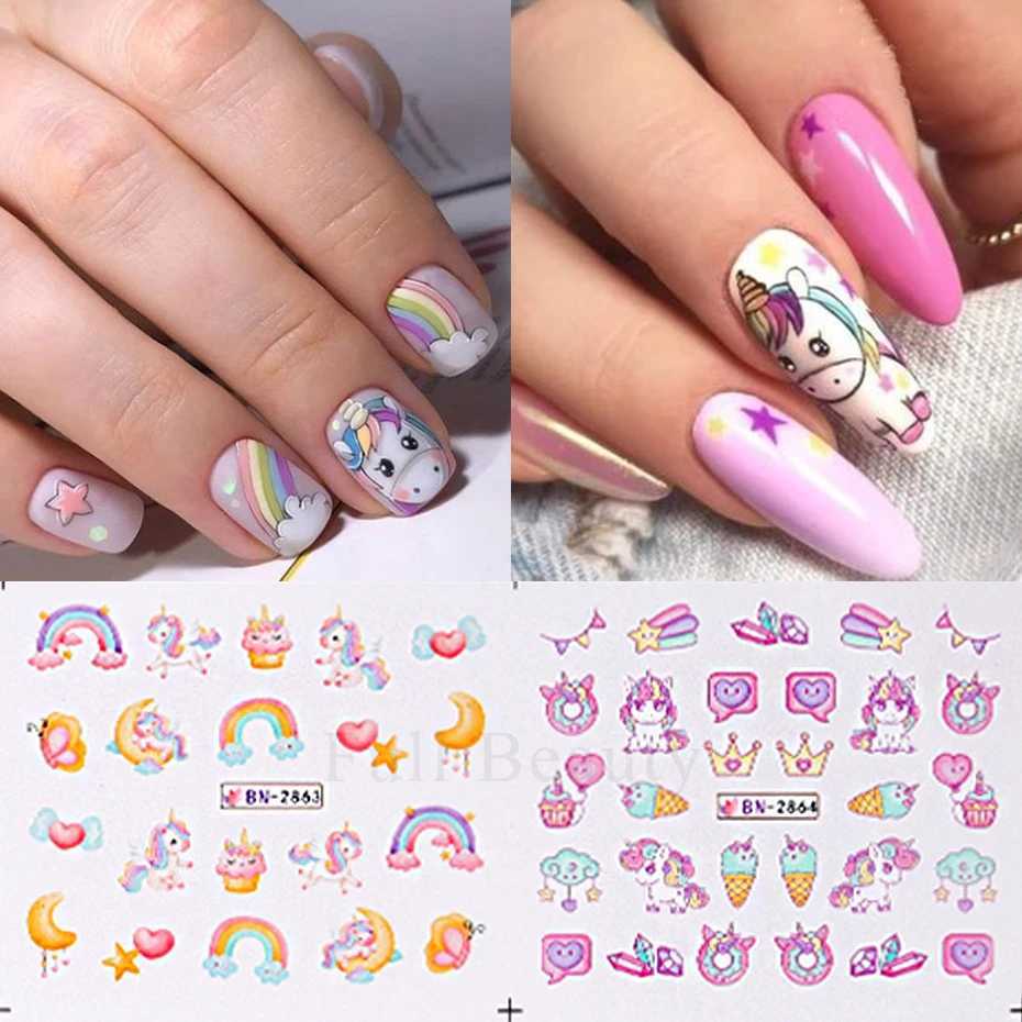 12 Designs Pink Unicorn Water Transfer Slider Rainbow Horse Ice Cream Heart Cartoon Anime Nail Sticker Polishing Nail DecorationXJ250120