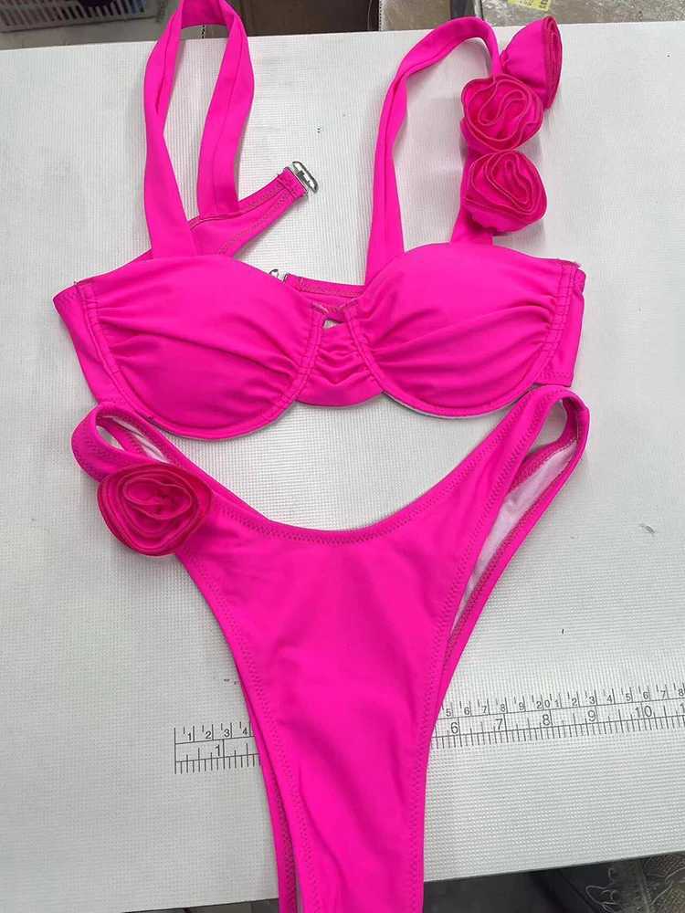 Sexy Swimwear Women Solid Bikini Suit Summer 3D Flower Backless Beachwear Fe Two-pieces Swimwear Bathing Suit BiquiniXJ250120
