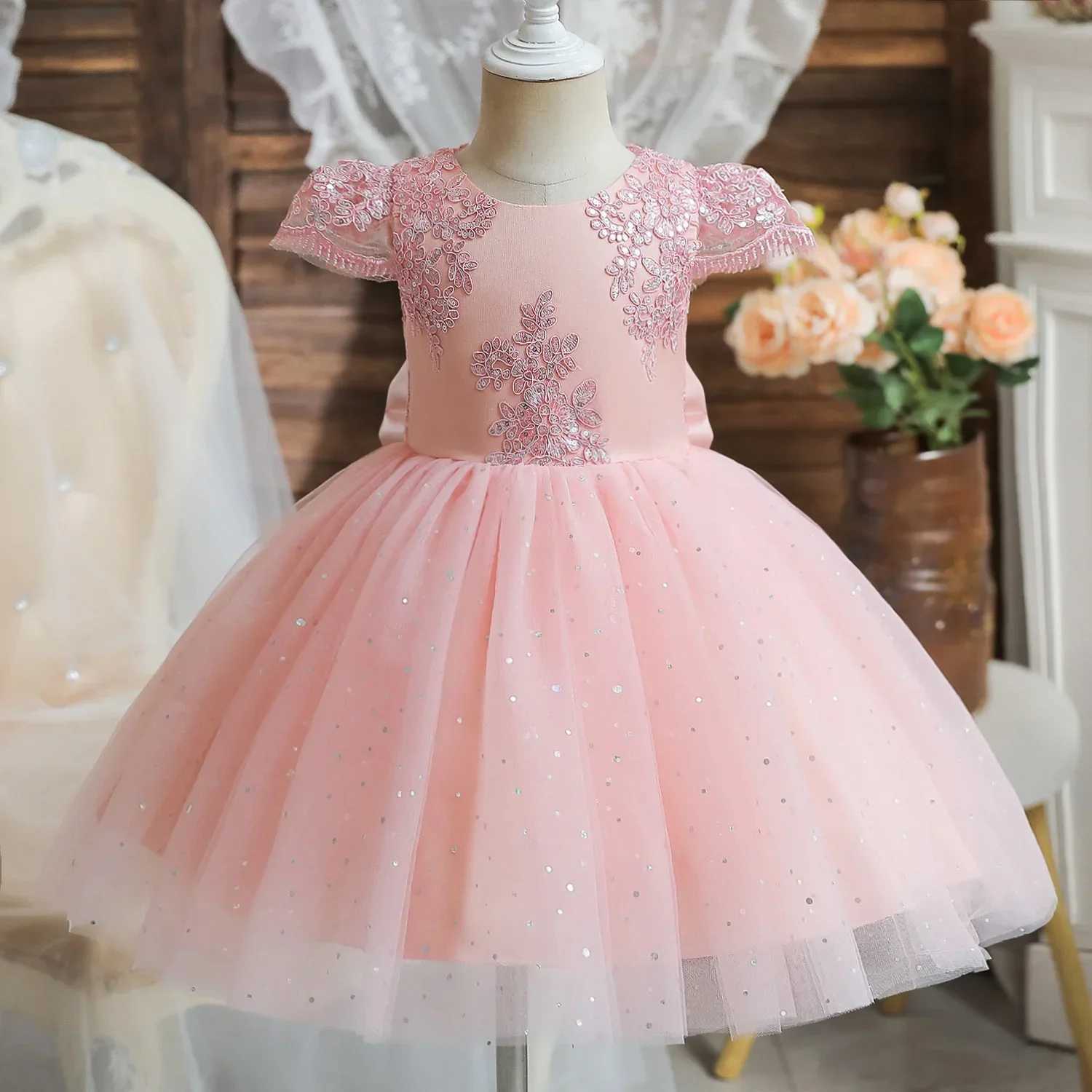 1-5Y Baby Girls Dress for Lace Embroidery Cute Baby 1st Birthday Baptism Pink Dresses Kids Wedding Party Gown for Toddler Girl X250203