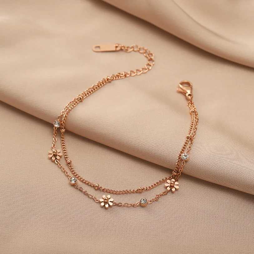 316L Stainless Steel New Fashion Fine Jewelry 2 Layer Embed Zircon Daisy Flowers Charm Chain Bracelets Bangles For Women W250121