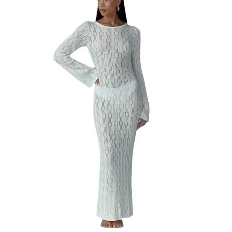 One Piece Sexy Backl Bandage Knit Dr Long Sleeve Crochet Swimsuit Women Swimwear Summer Beach Bikini Cover up skirt W250120