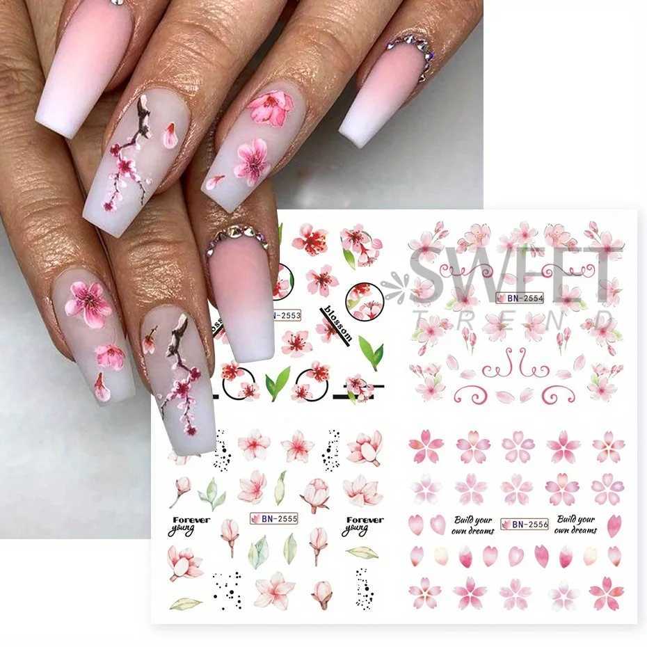 12pcs Pink Cherry Blossom Water Nail Sliders Winter New Year Sakura Floral Leaves Stickers DIY Charm Accessories Manicure DecorXJ250120