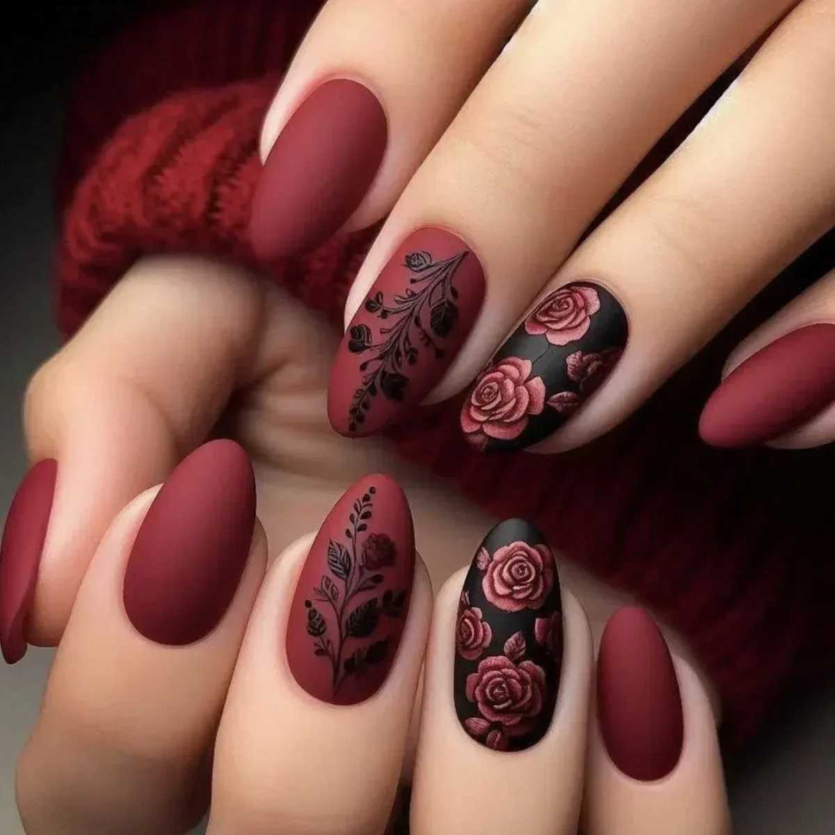 24pcs autumn and winter matte almond fake nails with adhesive rose leaf printing nail art simple full cover press on acrylic nail tipsW250120