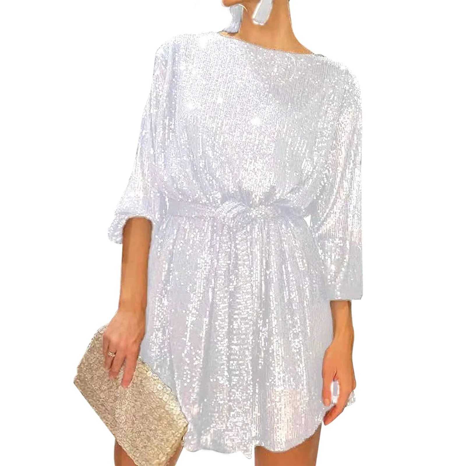 2024 New Fashion Womens Autumn Sequin Party Dress Sparkle Long Sve Round Neck Short Cocktail Dress with BeltXJ250115