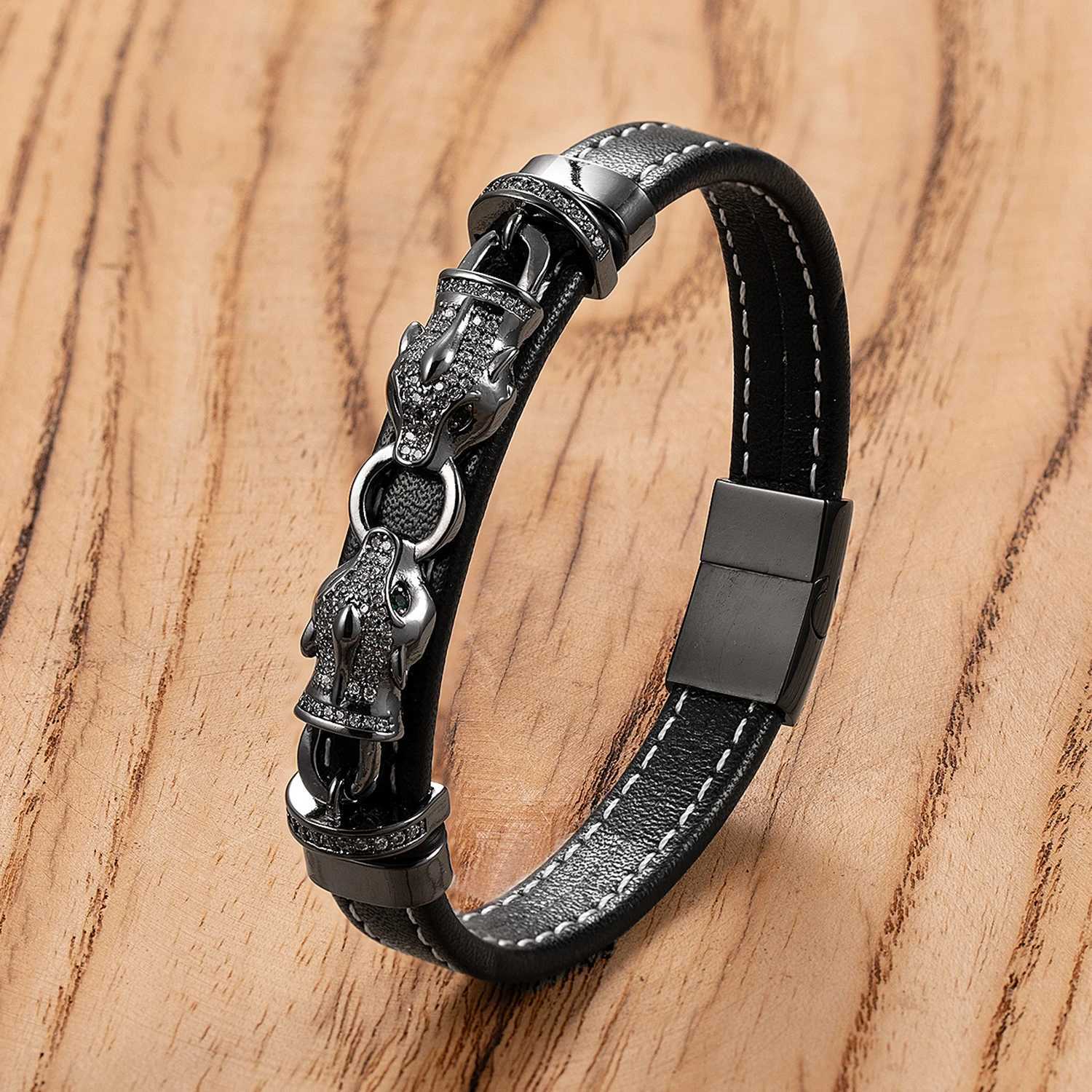 2024 New Style Classic Animal Leopard Head Hand Leather Braided Stainless Steel Bracelet For Man Woman Daily Wear Jewelry Gift W250121