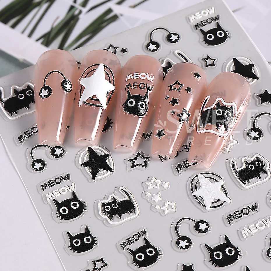 5D Black Cartoon Cute Cat Nail Stickers Cat Stars Letters Nail Sliders Y2K Korean Nail Art Manicure DIY Nail Supplies DecorXJ250120