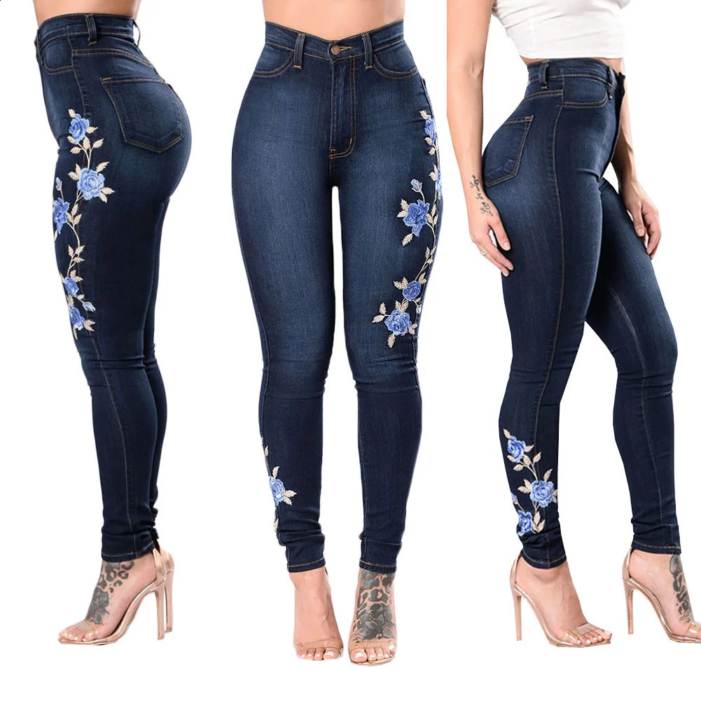 2023 Womens High Waist Embroidered Jeans Fashion Slim Stretch Denim Pencil Pants Street Trendy Trousers S3XL Drop 250121