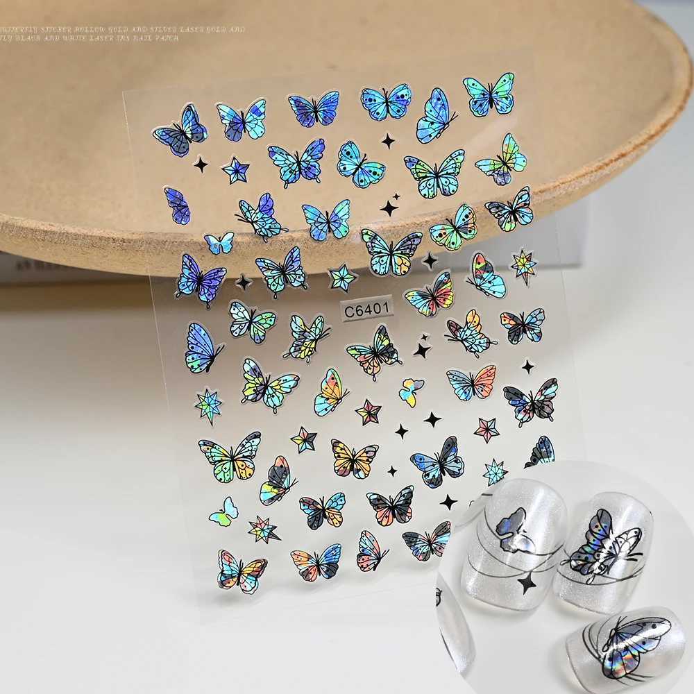 1pcs 3D Aurora Laser Butterfly Nail Art Stickers Shiny Holographic Butterflies Nail Decals 8*10cm Self-Adhesive Nail DecorationsXJ250120