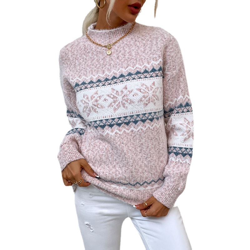New best-selling Christmas knitted sweater autumn and winter new semi-turtleneck snowflake sweater women