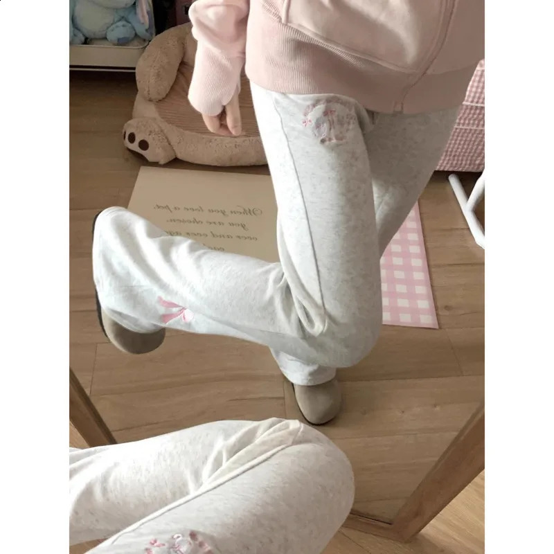 Embroidered Bows Y2k Grey Flare Pants Drawstring Harajuku Long Sports Pants High Waist Japanese Cute Mens Casual Pants 250122
