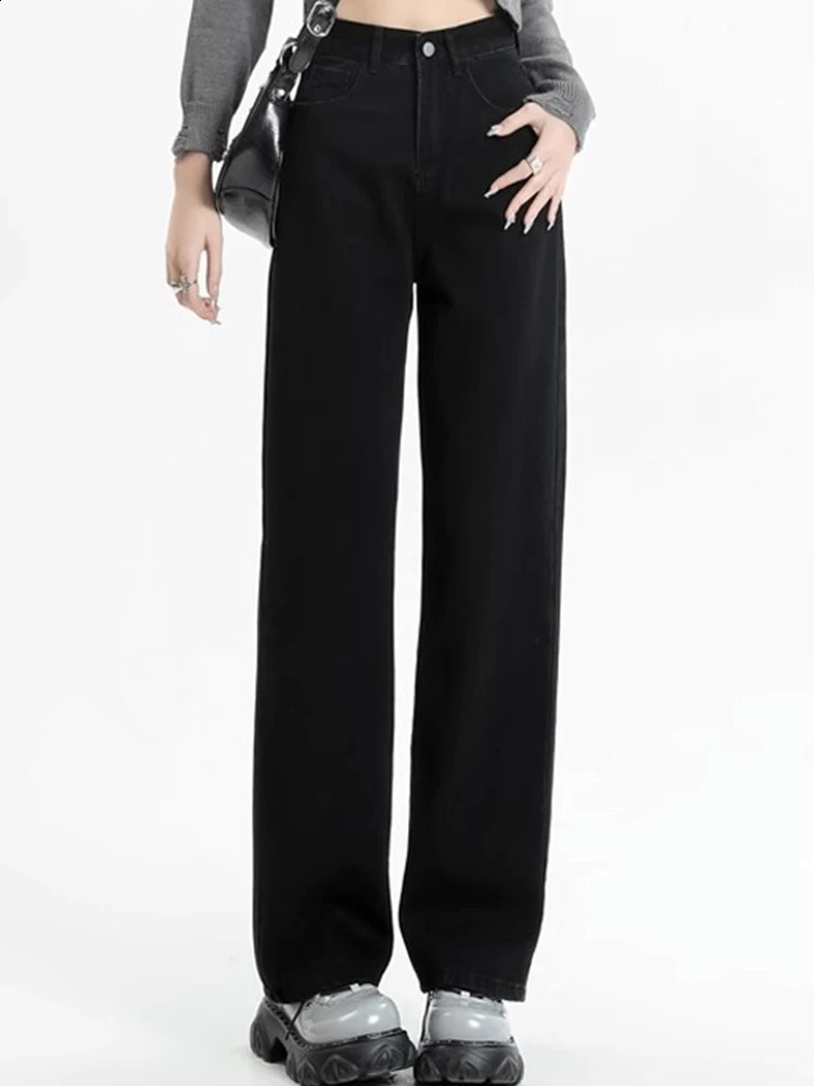 Girls High Waist Wide Leg Jeans Lady Street Denim Straight Pants Female Retro Blue Light Black Gray Pink Trousers 250122