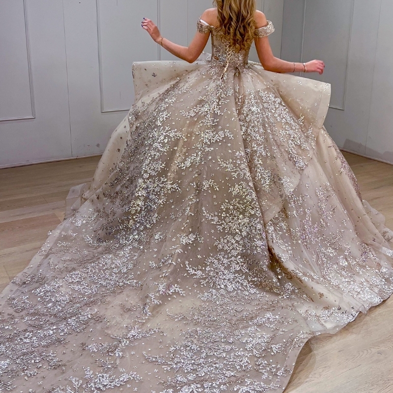 Champagne Quinceanera Dresses Ball Gown Off Shoulder Sequin Appliques Lace Beading Tull Birthday Party Sweet 16 Dress Vestidos 15 De Anos
