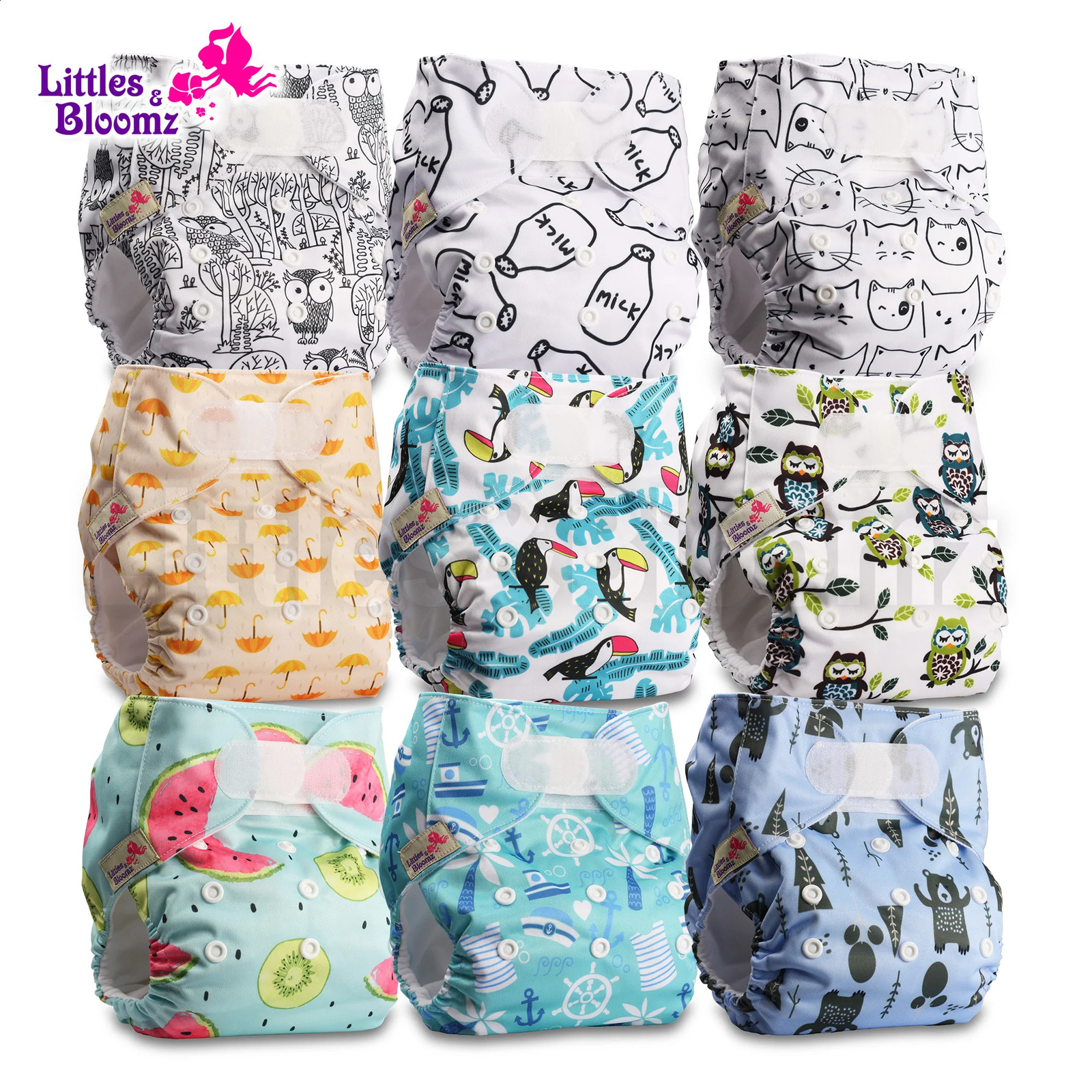 Littles Bloomz9pcsset STANDARD HookLoop Reusable Washable Real Cloth Nappy Diaper9 nappiesdiapers and 0 inserts in one set 250117