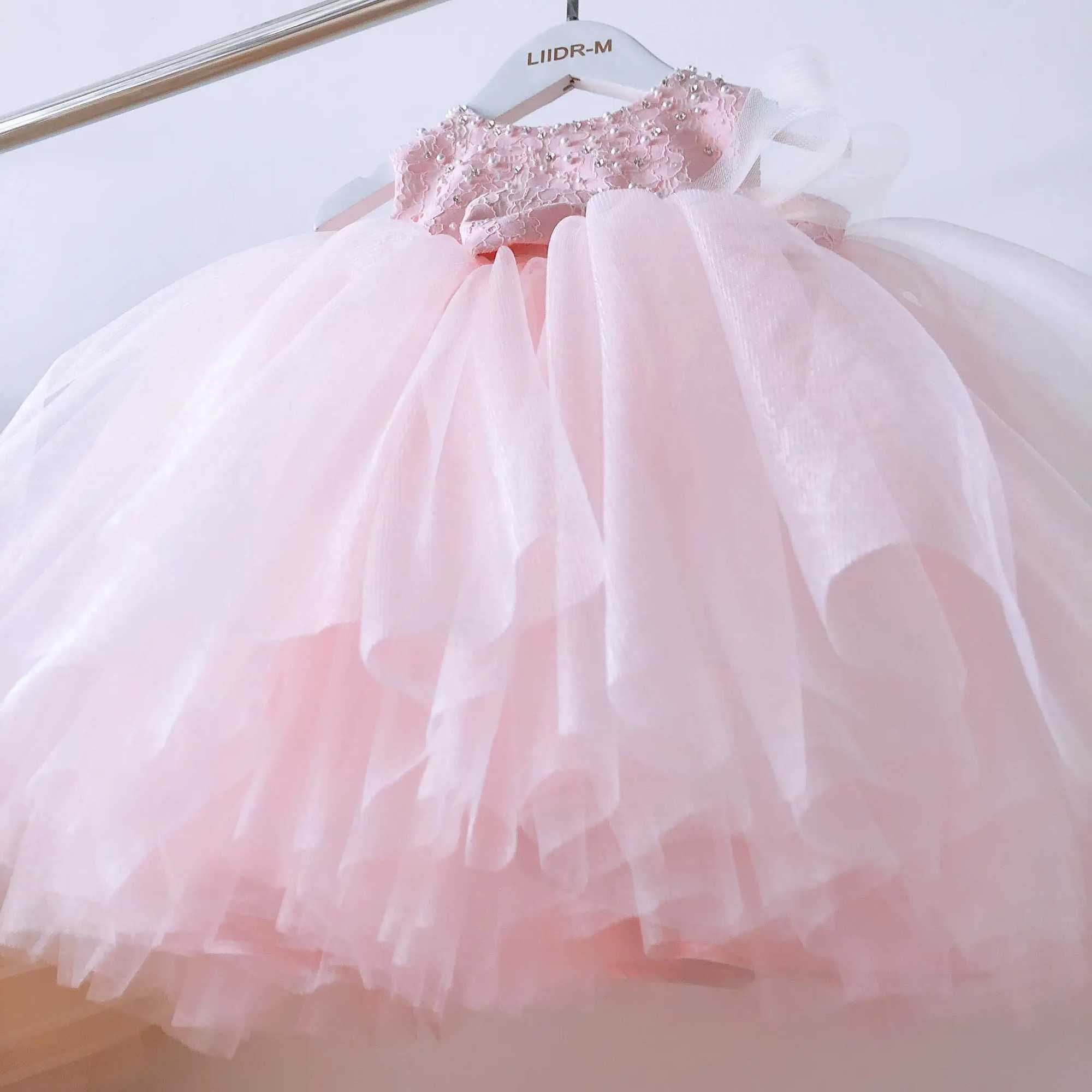 1-Year Baby Girl Birthday Dress Baby Pink Lace Beads Baptist Princess Dress Preschool Girl Wedding Newborn Christmas Dress X250203