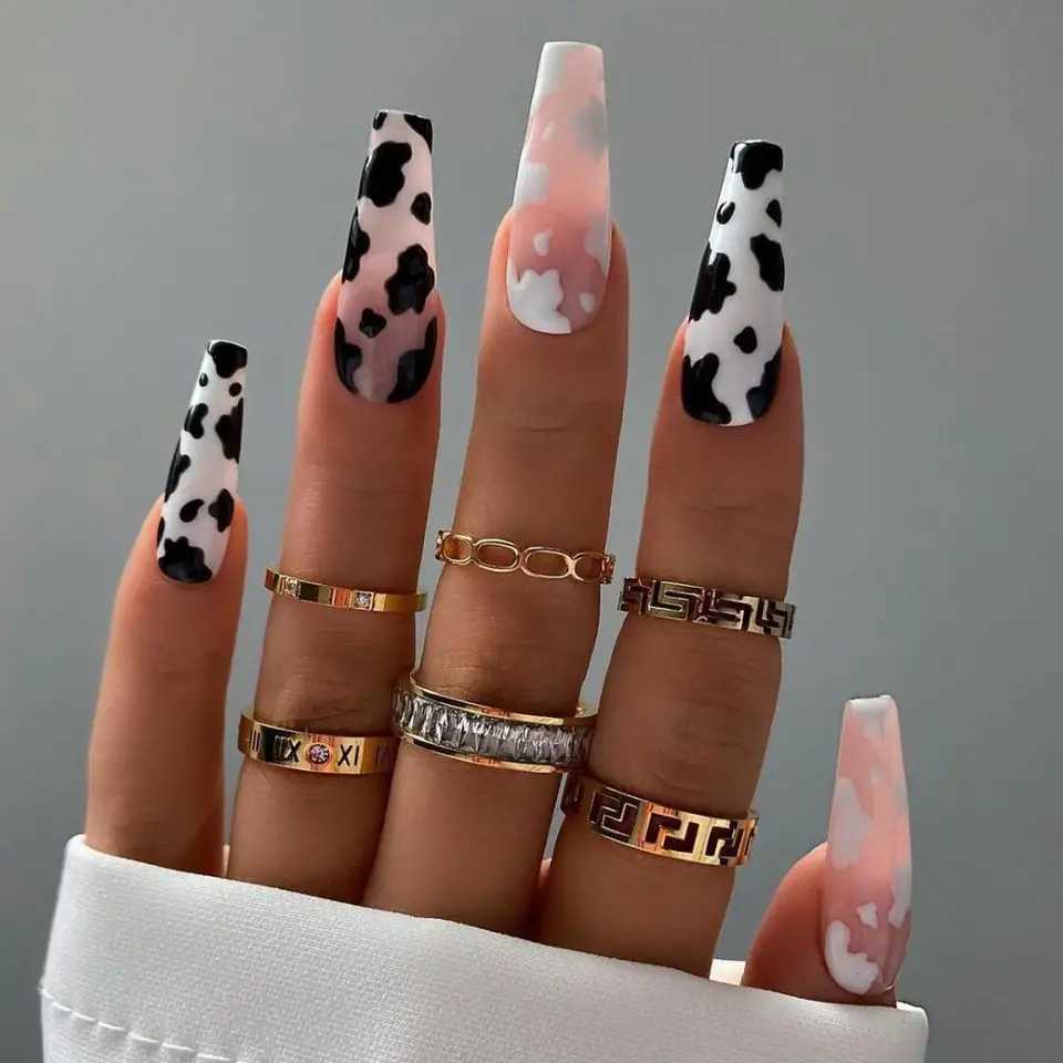 Pink Cow Design False Nail French Full Cover Long Coffin Fake Nails Glue DIY Manicure Nail Art Tools press on nails nail tipsW250120