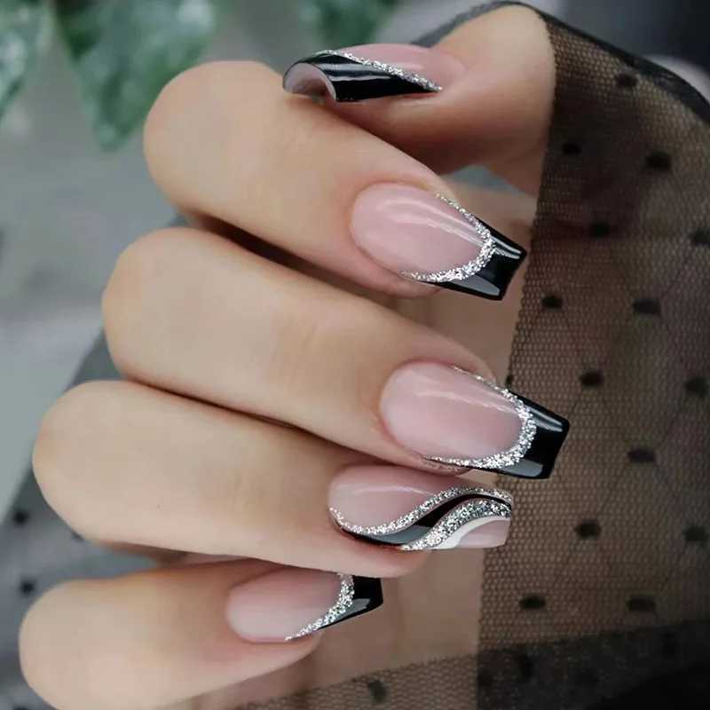 Black French 24 Pcs Press on Nails Pink Gradient Fake Nails Glossy Artificial Finger Manicure Reusable False Nails for WomenW250120