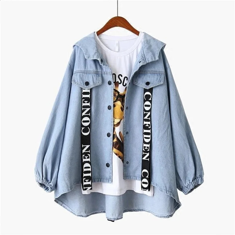 Womens Hooded Denim Jacket Spring Autumn Plus Size Loose Blue Jean Jacket Coat Retro Wholesale Cropped Top 250121