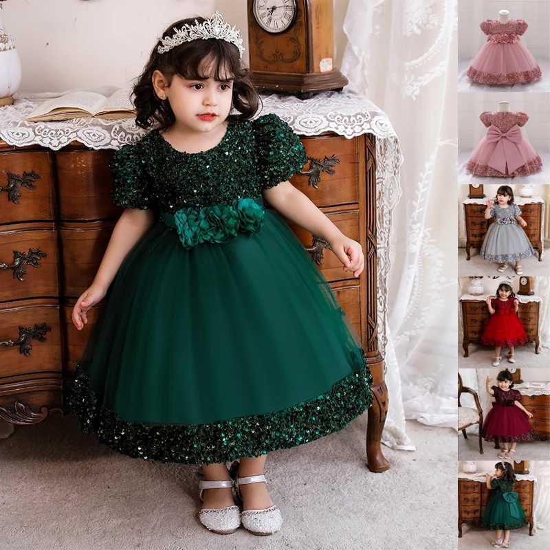 Baby Girl Baptism Newborn Green Sequin Big Bow Flower Toddler Party Summer Dress Kids Christening Children Princess Ball Gown X250203