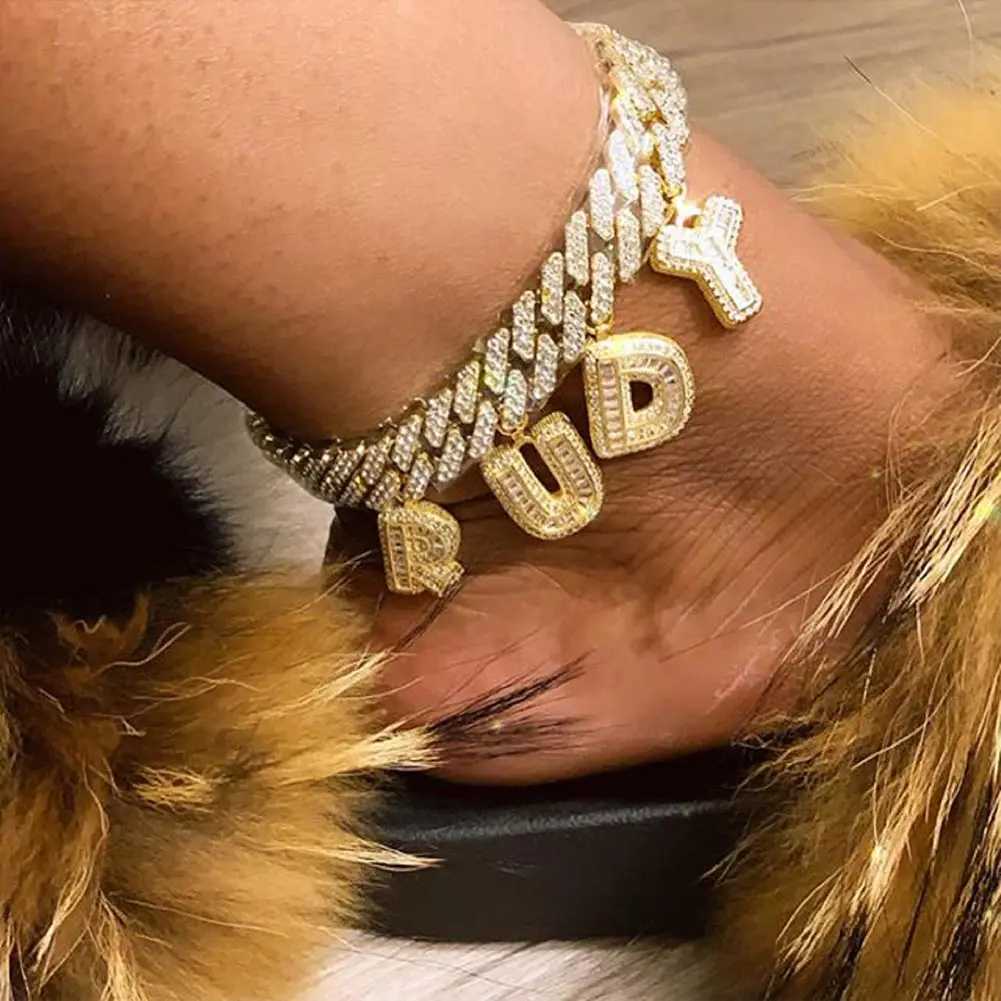 Customized Baguette 26 Initials Name Anklet Bracelet For Women Bling A-Z Letter Cuban Ankle Chain Beach Sandals Holiday JewelryXJ250121