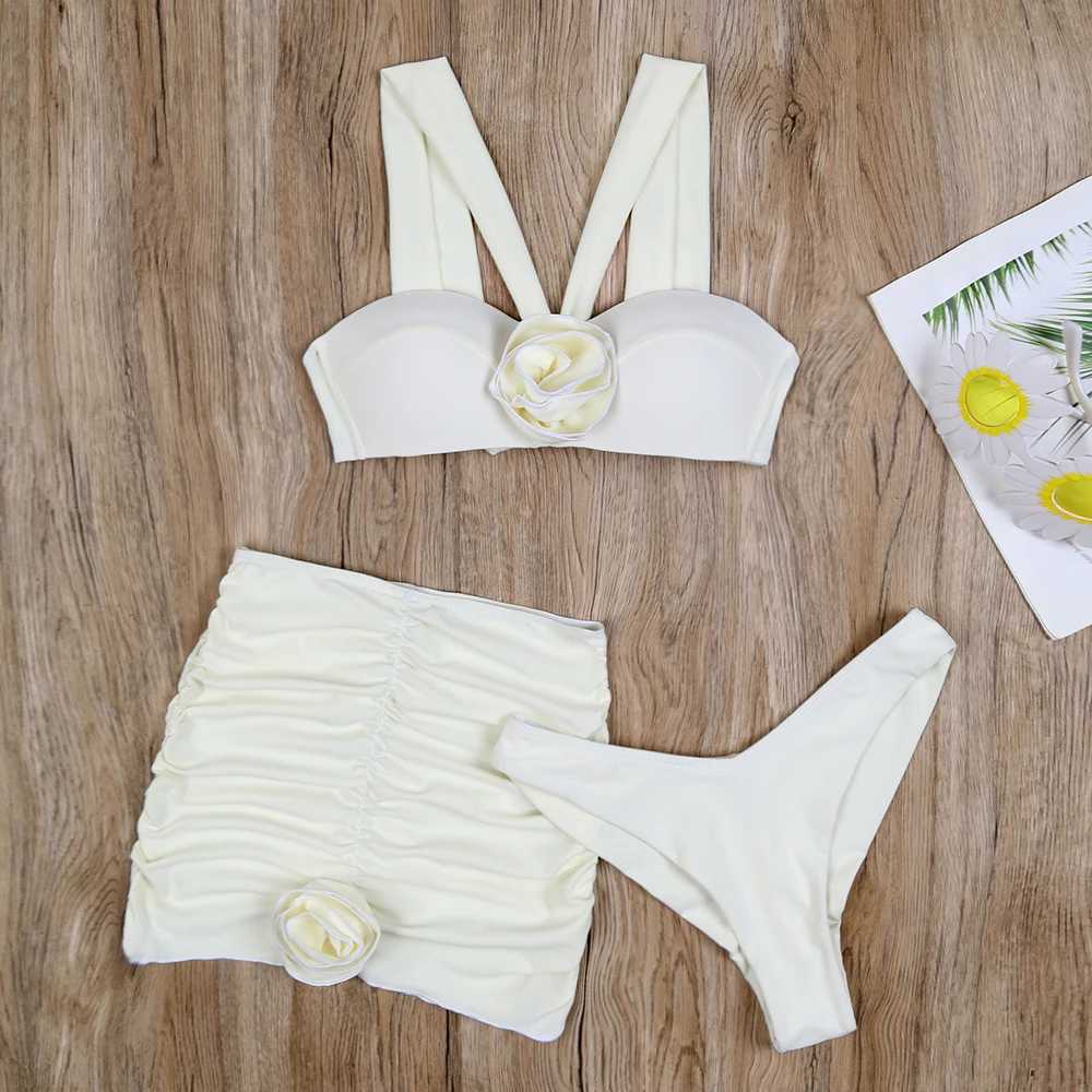 2023 Three Pieces Bikini Set Cover Up Swimwear Women Swimsuit Solid Floral Lace Push Up Bathing Suit Beachwear Swimming BiquiniXJ250120