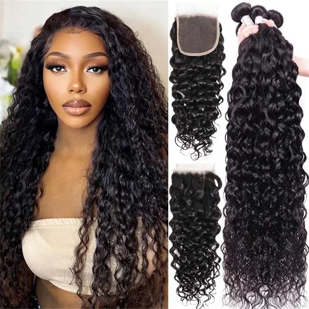 BAFU Brazilian Water Wave Human Hair Bundles With Clo 3 Bundles With 4X4 Lace Clo Natural Color For Black WomenXJ250120
