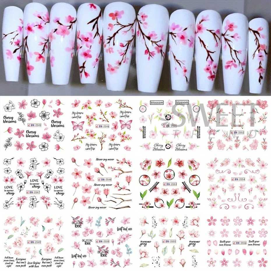 12pcs Pink Cherry Blossom Water Nail Sliders Winter New Year Sakura Floral Leaves Stickers DIY Charm Accessories Manicure DecorXJ250120