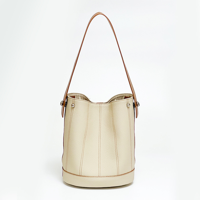 Bag Spring New Top Layer Cowhide Women's Fashionable And Minimalist Bucket Contrasting Color, Large Capacity Crossbody Bag, Leather Shoulder Bag