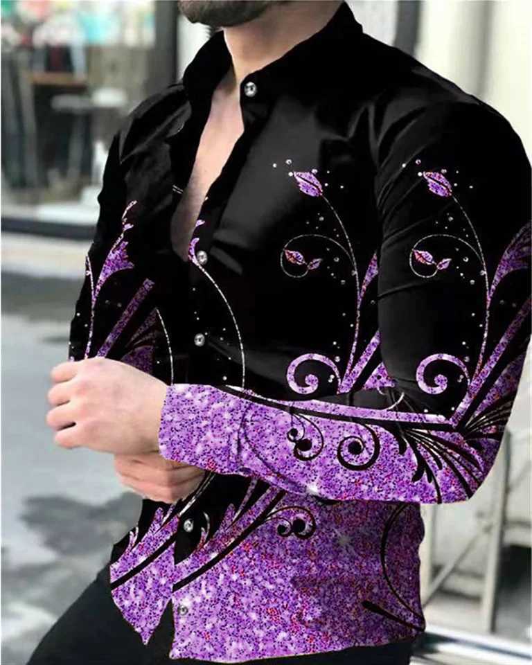 New business casual mens line 3D printed shirt formal spring and summer lapel long-sleeved XS-6XL stretch fabric shirt 2024XJ250121