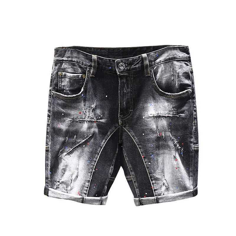Tie-dye Fashion Paint Spots Denim Shorts Mens Summer New Ripped Retro Dilapidated Male Streetwear Short Jeans X250203