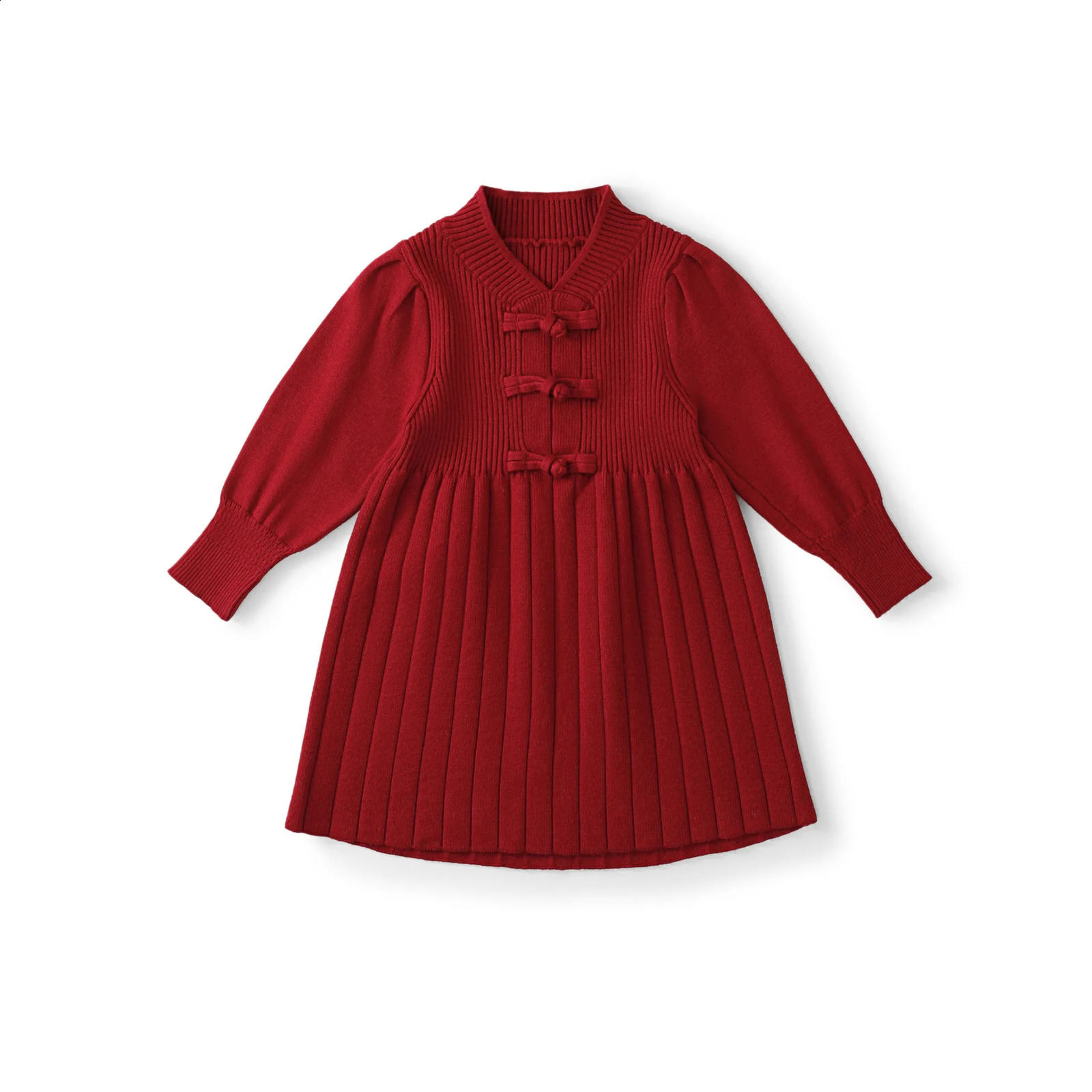 Children Girls Knitwear Dress Autumn Winter Infant Babys Girl Long Sleeve Red Year Vcollar Ruched Toddler 250117