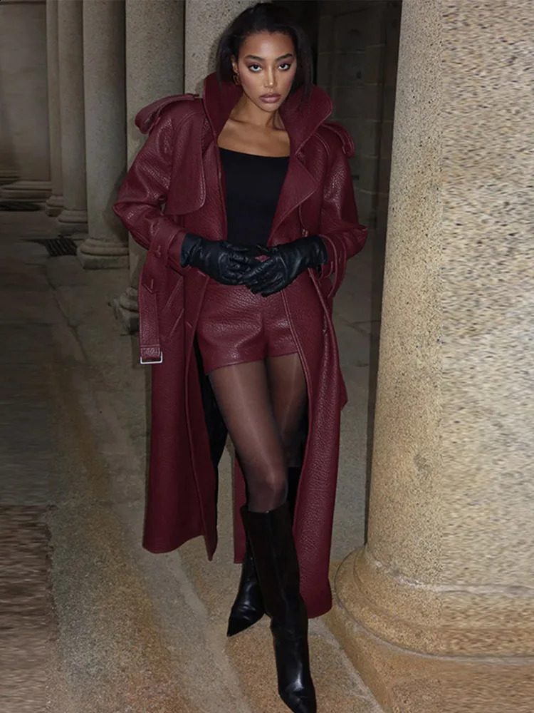 Y2k Street Long Leather Jacket Women Double Breasted Lapel Lace Up Female Coat 2025 Fashion Spring Full Sleeve Belt Lady Outwear 250113