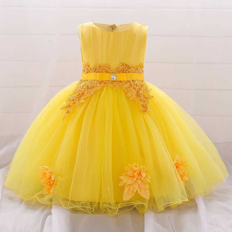 Baby Girl 1st Birthday Party Dresses Yellow Beaded Sequined Flowers Tulle Gown Infant Formal Pageant Prom Christening Costume X250203