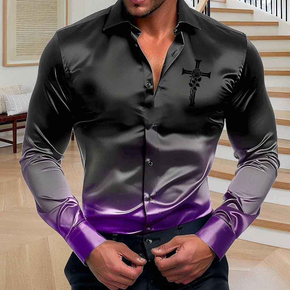 New color changing lapel mens button up shirt with printed long sleeves fashionable and comfortable outdoor street holiday shiXJ250121