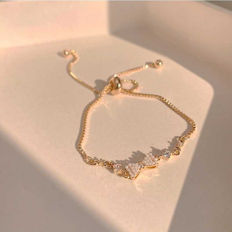 Golden Alloy Sweet Bow Bracelet For Women 2023 New Design Pearl Zircon Inlay High-Quality Adjustable Jewelry Birthday Gift W250121