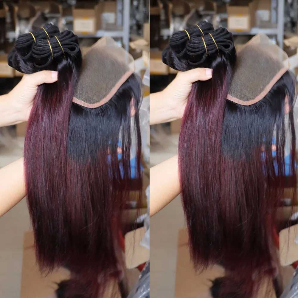 Ombre Dark Red 99J Virgin Remy Human Hair Bundles with Lace Clo 4x4 5x5 2x6 Transparent Weft Weaving Human HairXJ250120