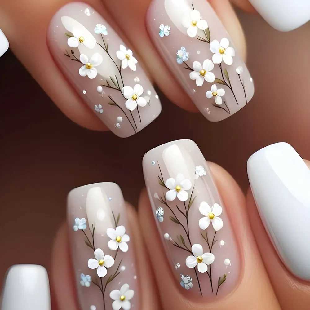 24Pcs Red Pink Matte Short Square Fake Nails Wearable Floral Love Heart Design Press on False Nail Simple Full Over Nail Tip ArtW250120
