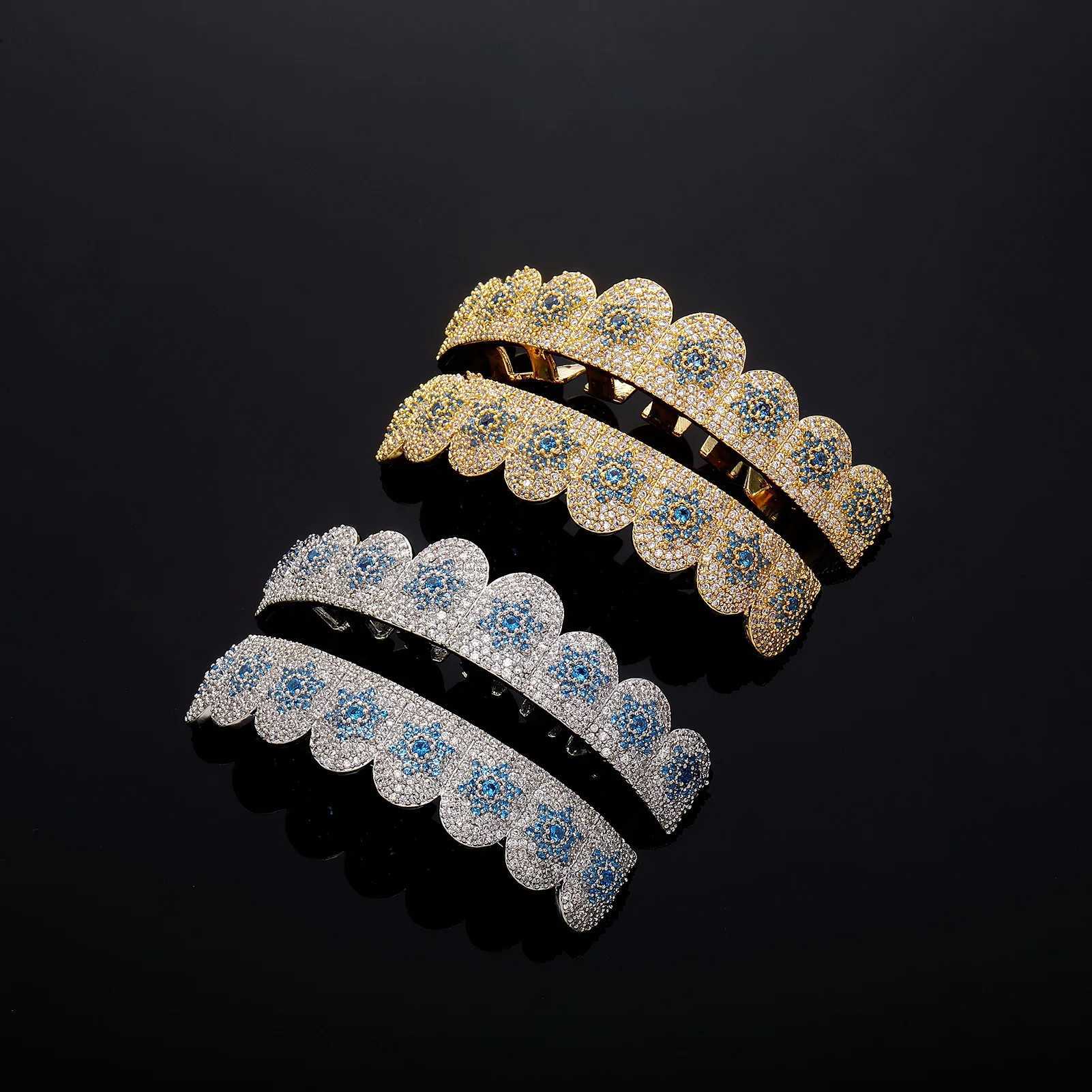 RACHELZ 2024 8/8 Blue Color Star Cubic Zircon Teeth Grillz Hip Hop CZ Stone Tooth Caps For Women Men Body JewelryXJ250114