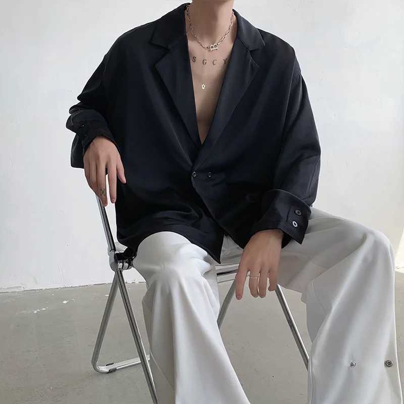 Black White Long Sleeved Shirt Men Oversized Social Mens Dress Shirt Korean Loose Ice Silk Shirt Mens Office Formal Shirts M-XLXJ250121