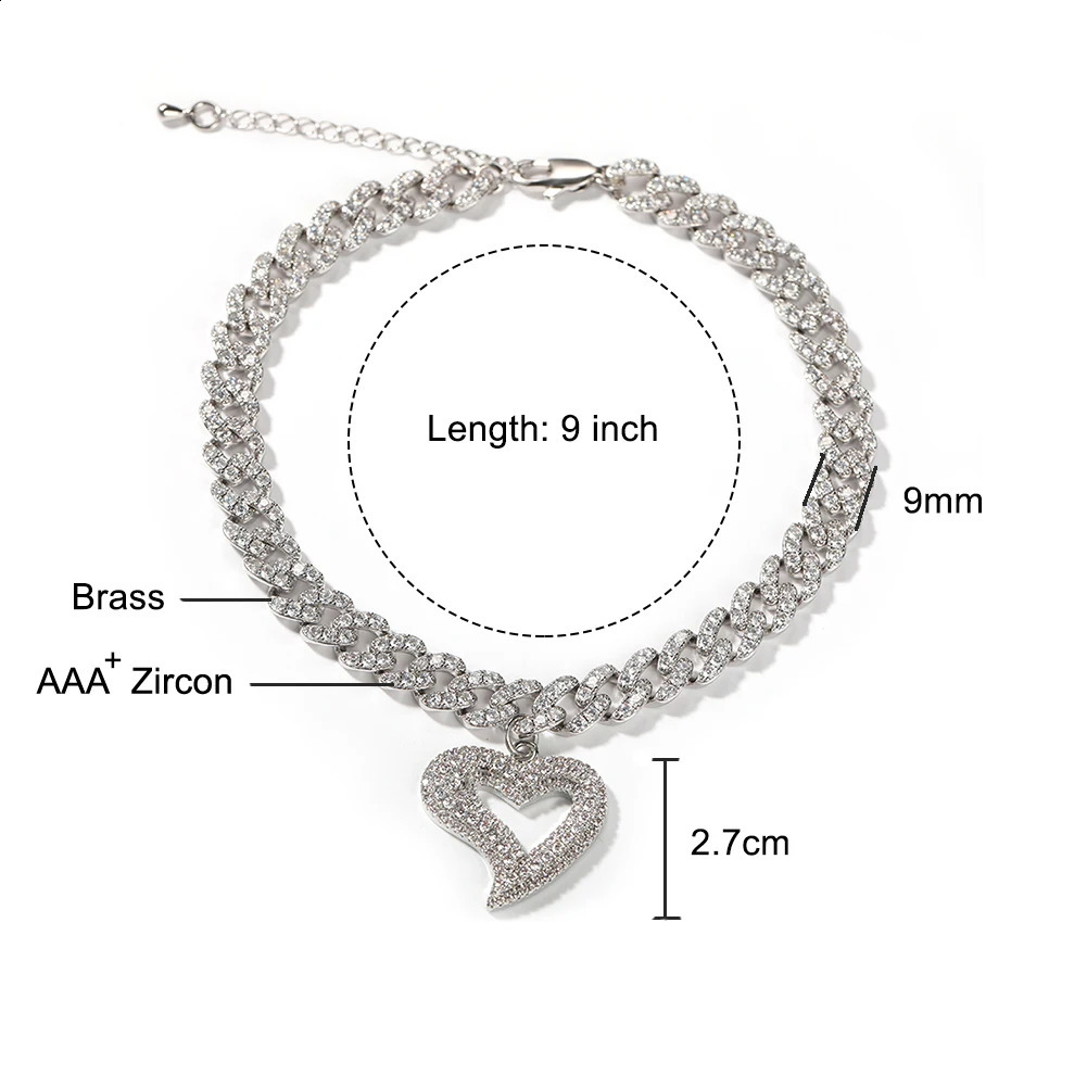 Blingking CZ Zircon Female Adjusted Ankle Ice Out Hollow Heart Charm 9mm Chain Summer Beach Accessories Cute Jewelry 250110
