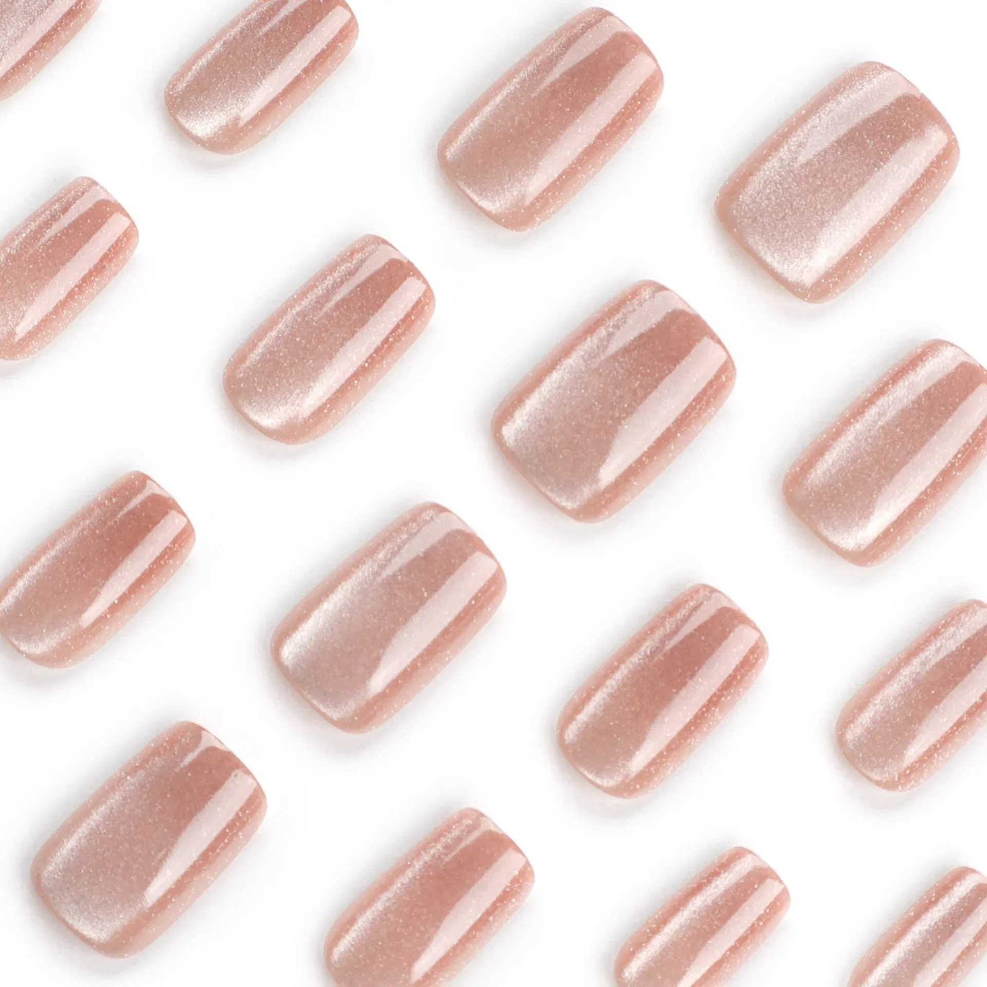 24Pcs Short Cat Eye Fake Nails Trendy Adhesive Glossy Champagne Press on Nails Durable Acrylic Nails Tips Set for Women GirlsW250120