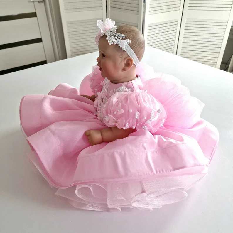 Fluffy pink baby princess ball dress childrens newborn party pearl chiffon first communion wedding dress Baptist costume X250203