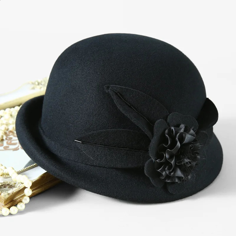 Women Winter 100% Wool Hat Mother Warm Felt Fedora Female Party Formal Asymmetric Cloche Cap 250118