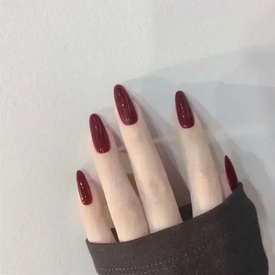 24 pieces/box long high-heeled fake nails with glue red nude pink white milk tea color jelly nail tips fully covered pressed nailsW250120