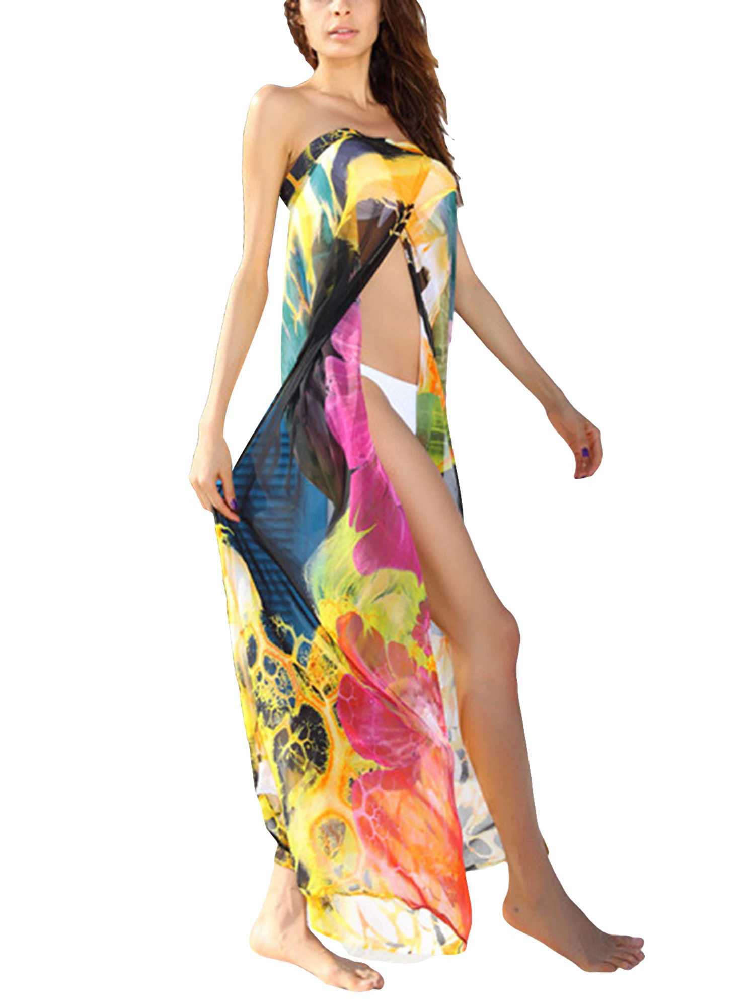 Female Beach Dr Tie-ed Sleeve Strl Long Dr Bikini Cover Ups for Summer Black/Yellow Beachwear Biquini W250120