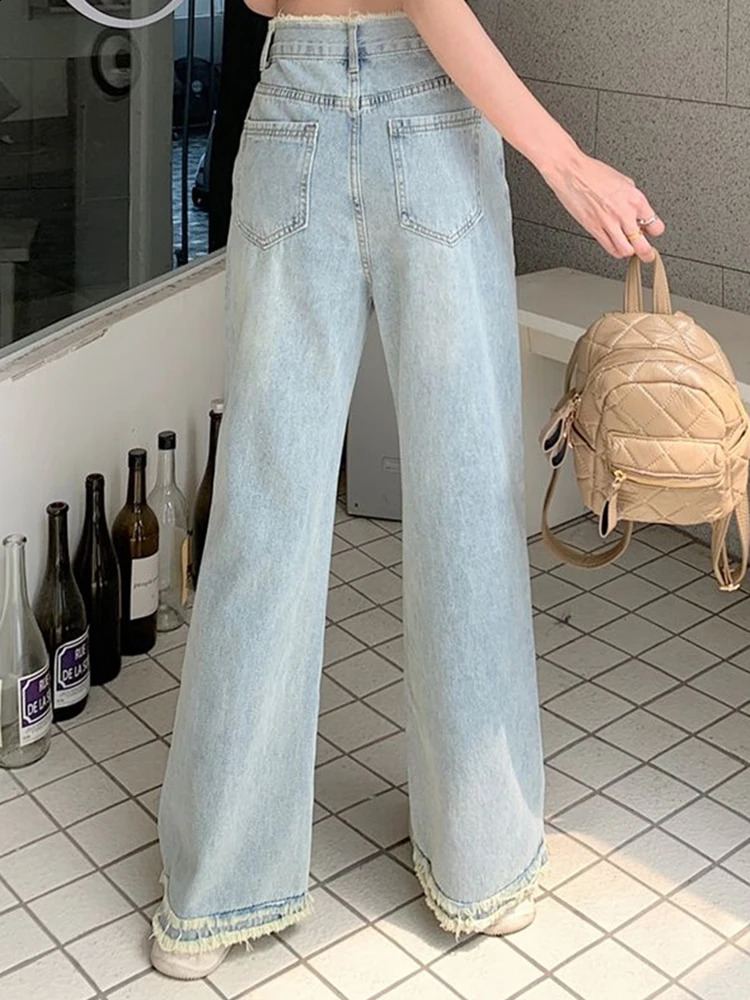 Women High Waist Raw Edge Washed Jeans Girls Light Color Straight Leg Denim Pants Lady Blue Hong Kong Style Retro Loose Trousers 250109Z