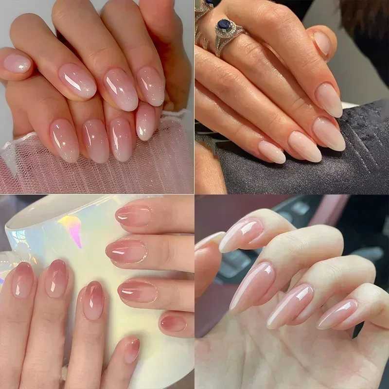 24 pieces of short fake nails French gradient pink fake nails almond pressed on nails coffin fully covered nail tips detachable handleW250120