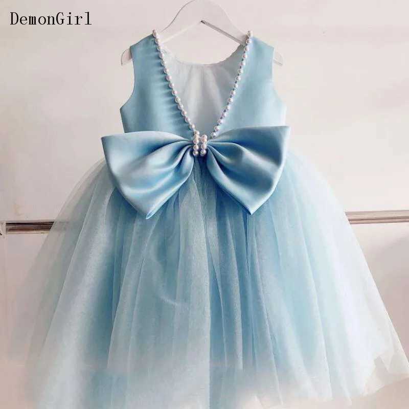 White Tulle Pearls Baby Girls Dress Kids Clothes Bow Birthday Party Gown Girls Baptism Princess Christening Evening Clothes X250203